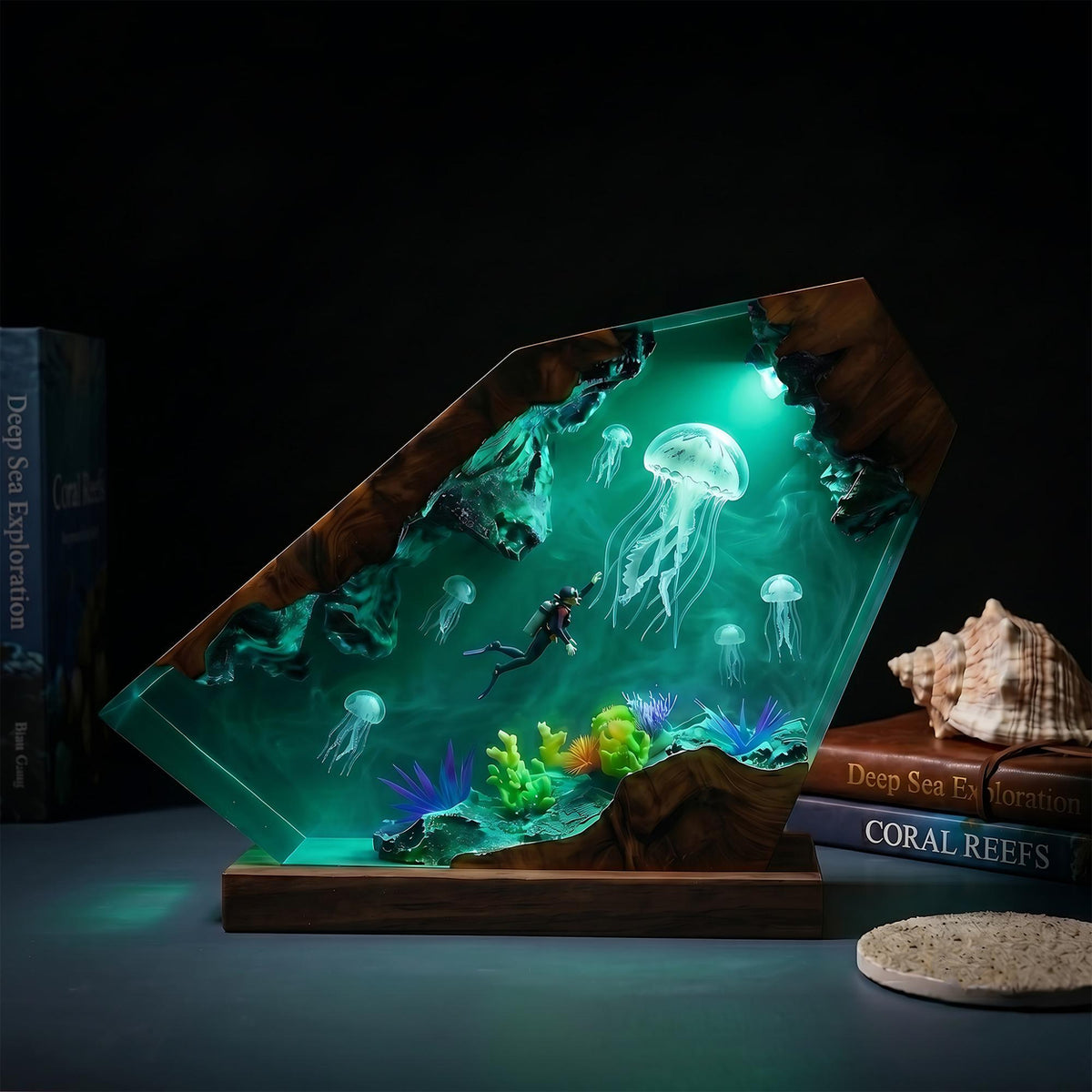 Scuba Diver & Giant Jellyfish Geometric Epoxy Resin Night Light