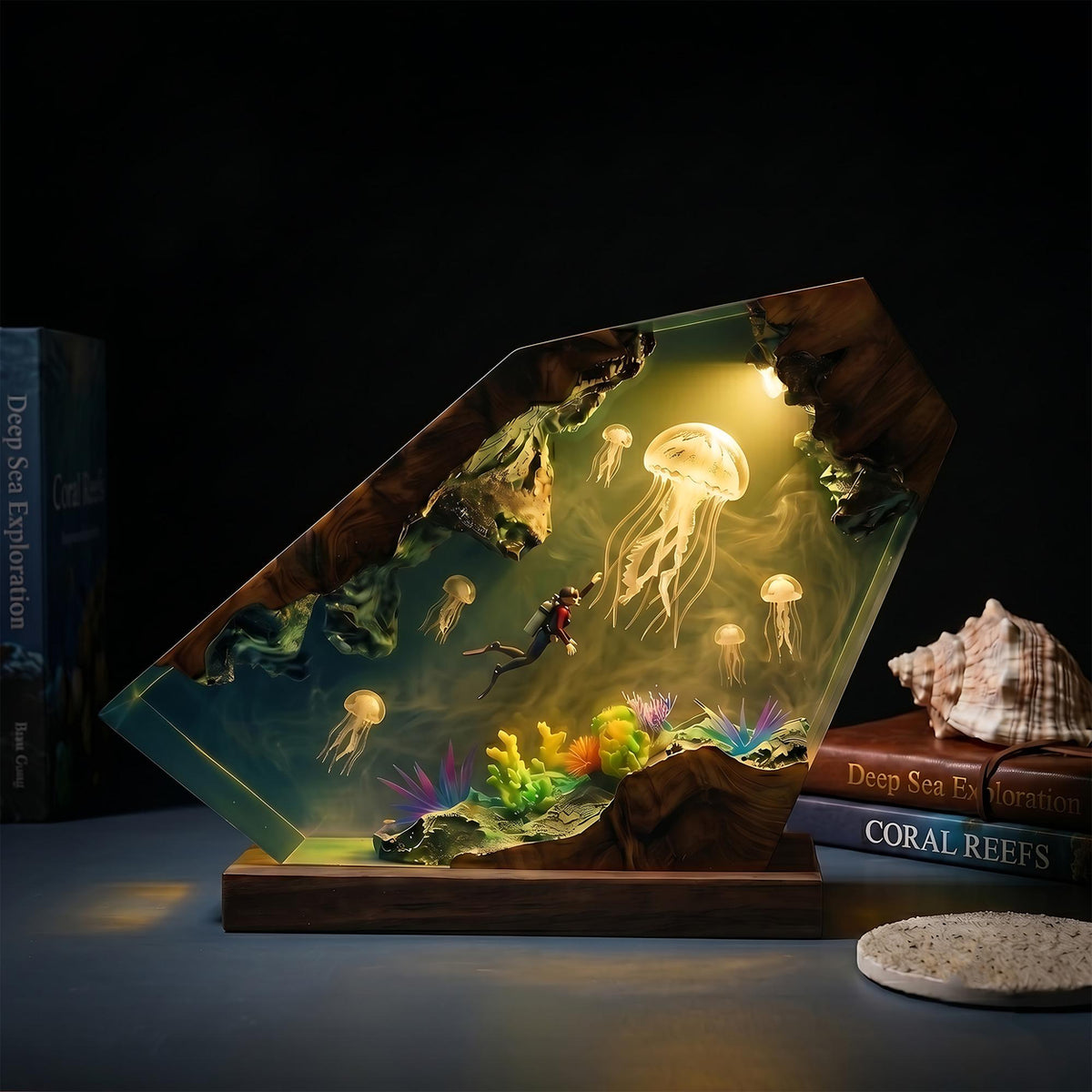 Scuba Diver & Giant Jellyfish Geometric Epoxy Resin Night Light