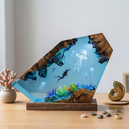 Scuba Diver & Giant Jellyfish Geometric Epoxy Resin Night Light