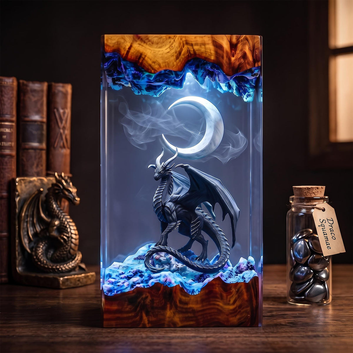 Black Dragon & Crescent Moon Midnight Epoxy Resin Night Light