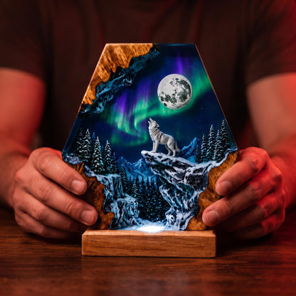 Hexagon Howling Wolf Full Moon Aurora Epoxy Resin Night Light