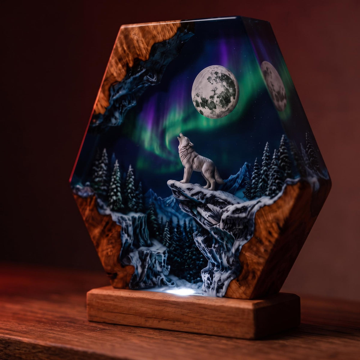 Hexagon Howling Wolf Full Moon Aurora Epoxy Resin Night Light