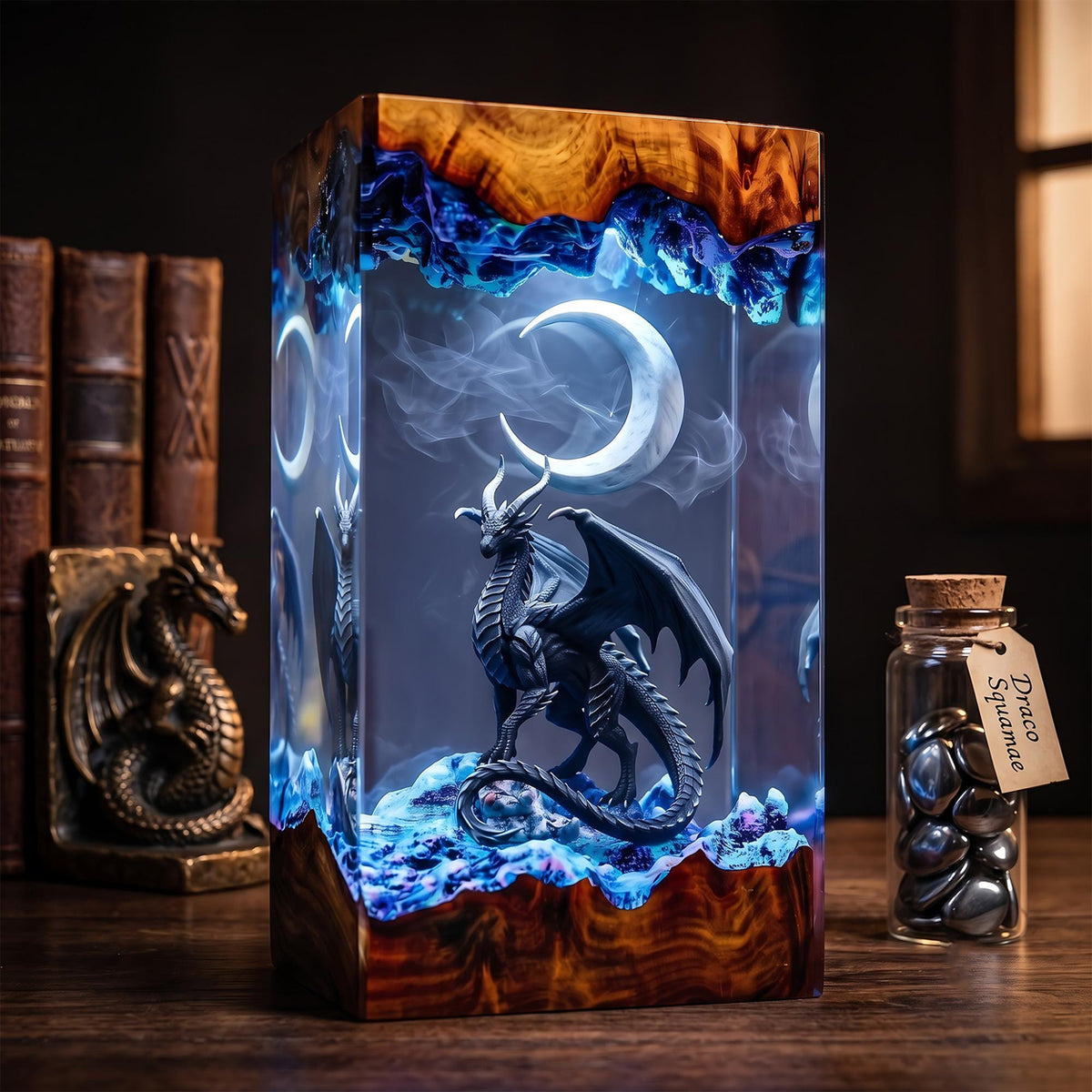 Black Dragon & Crescent Moon Midnight Epoxy Resin Night Light