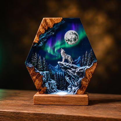 Hexagon Howling Wolf Full Moon Aurora Epoxy Resin Night Light