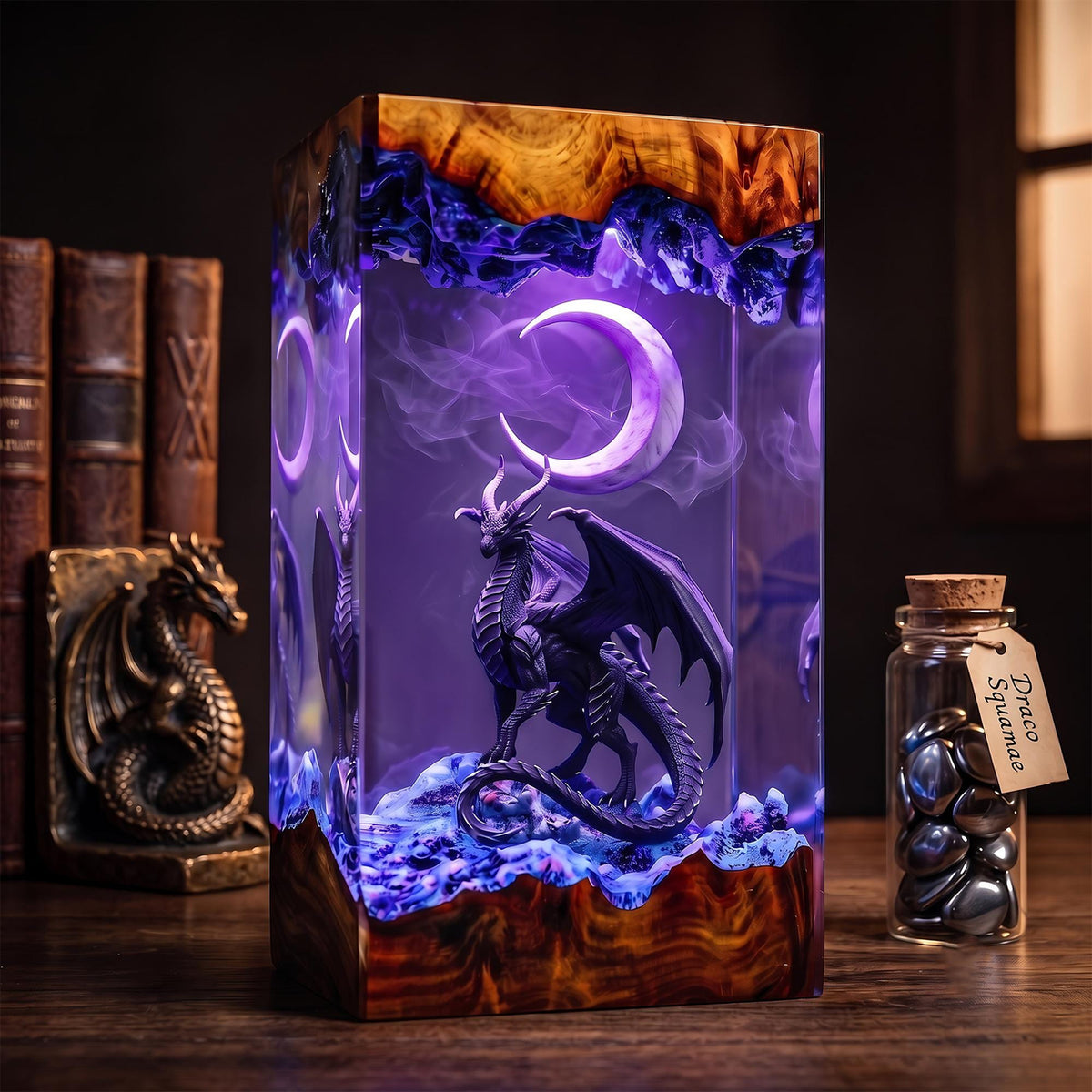 Black Dragon & Crescent Moon Midnight Epoxy Resin Night Light