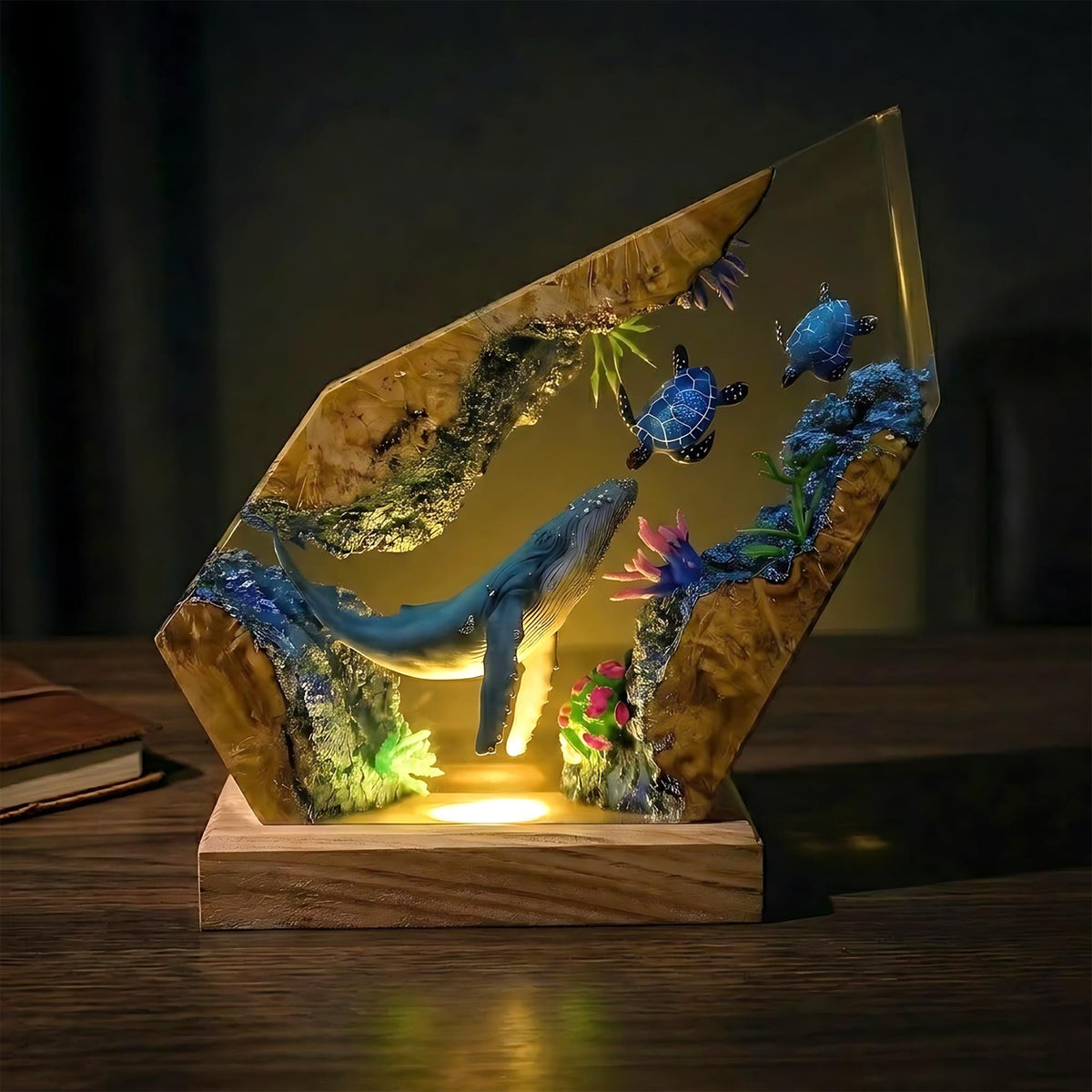 Humpback Whale & Sea Turtle Geometric Epoxy Resin Night Light