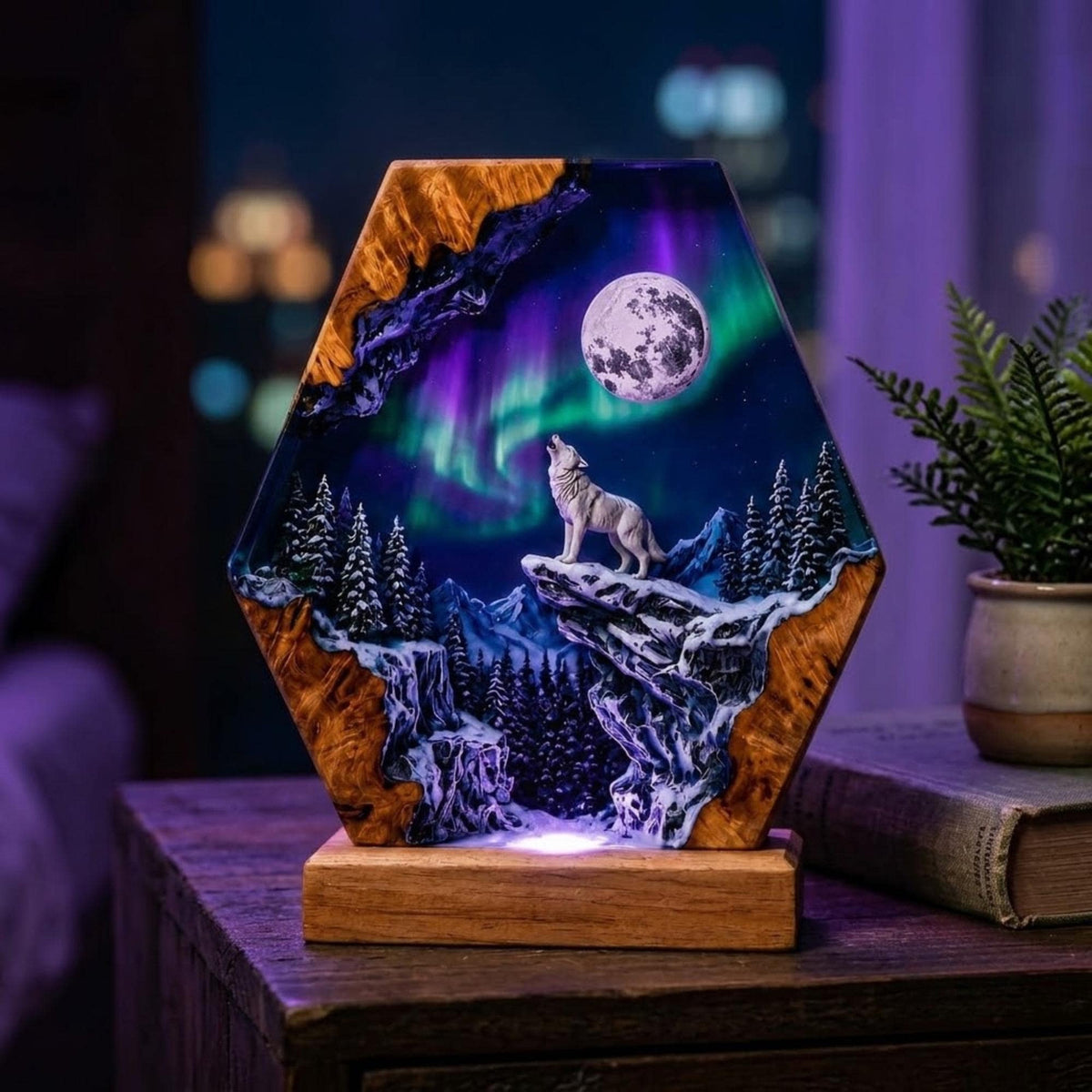 Hexagon Howling Wolf Full Moon Aurora Epoxy Resin Night Light