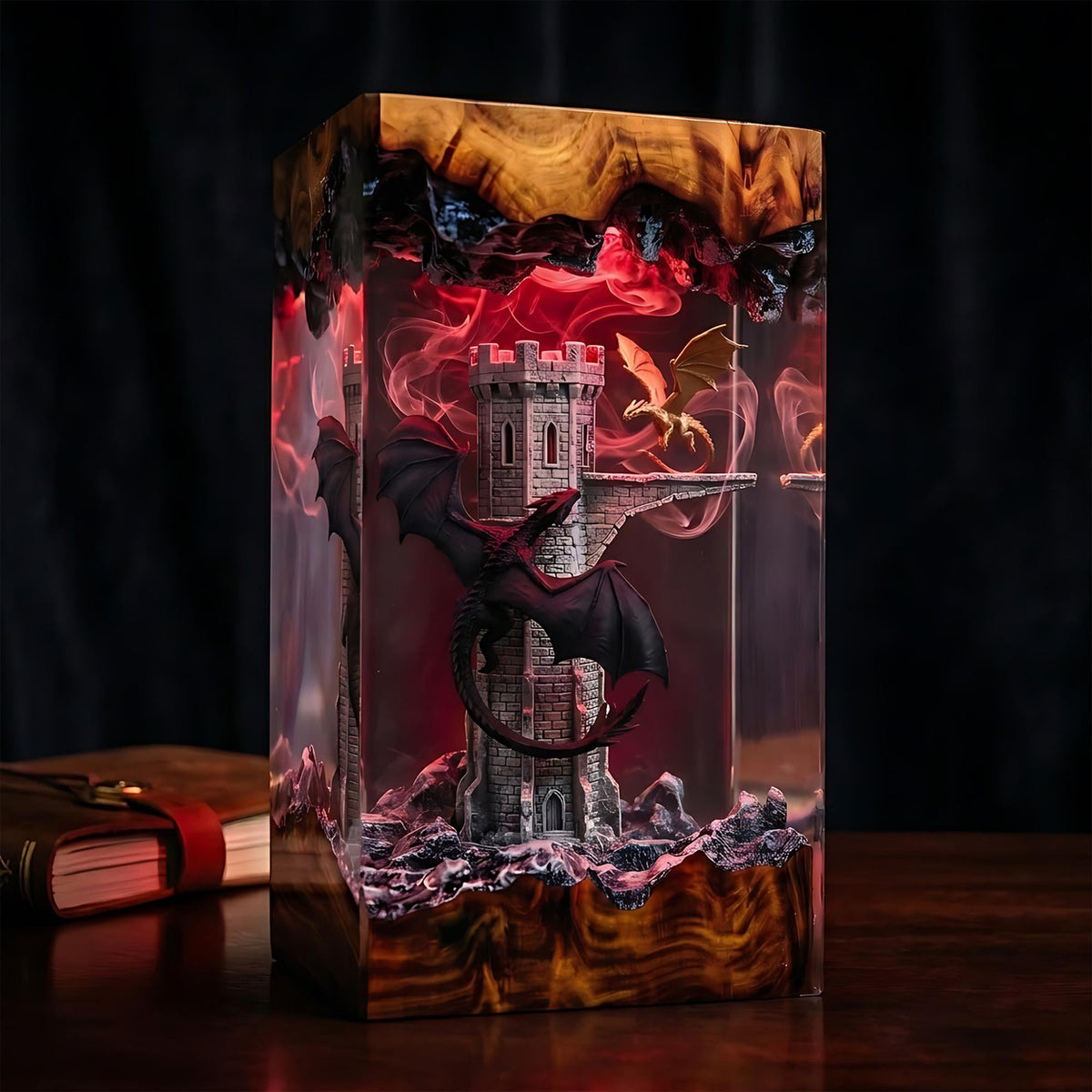 Handmade Dual Dragon Resin Night Light - Gothic Tower Diorama