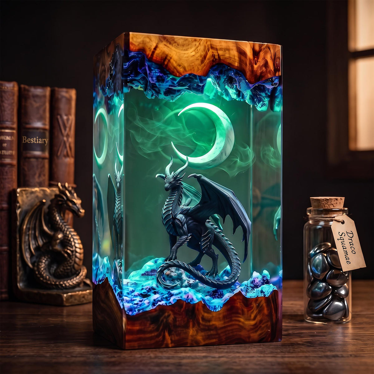 Black Dragon & Crescent Moon Midnight Epoxy Resin Night Light