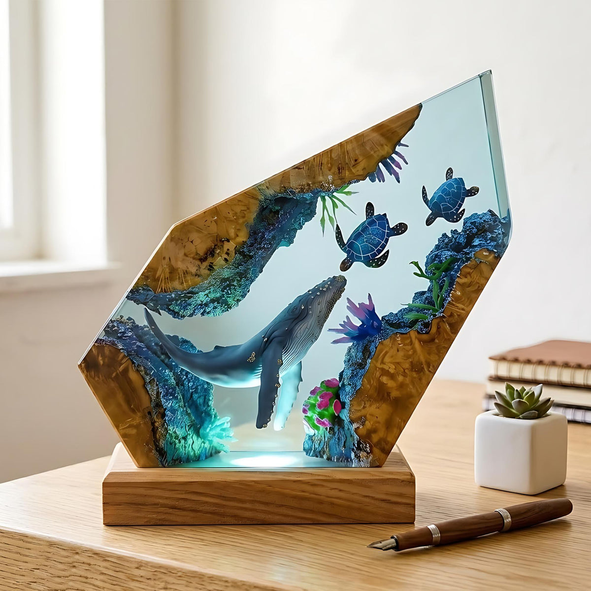 Humpback Whale & Sea Turtle Geometric Epoxy Resin Night Light