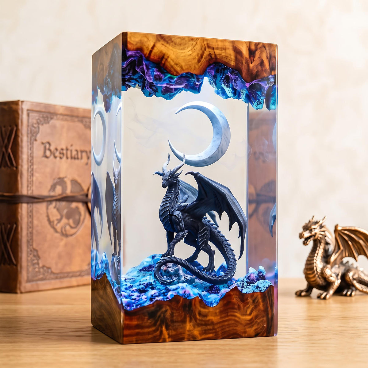 Black Dragon & Crescent Moon Midnight Epoxy Resin Night Light