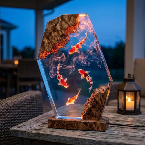 Handmade 4 Koi Fish Resin Night Light - Swirling Water Diorama