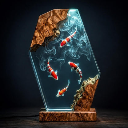 Handmade 4 Koi Fish Resin Night Light - Swirling Water Diorama