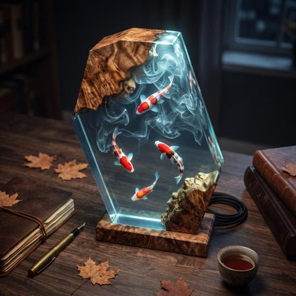 Handmade 4 Koi Fish Resin Night Light - Swirling Water Diorama