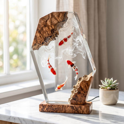 Handmade 4 Koi Fish Resin Night Light - Swirling Water Diorama