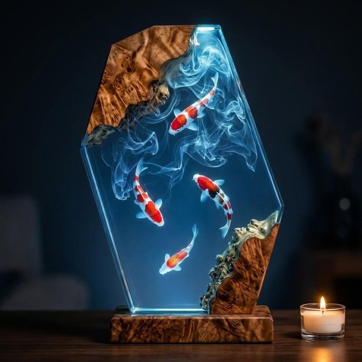Handmade 4 Koi Fish Resin Night Light - Swirling Water Diorama