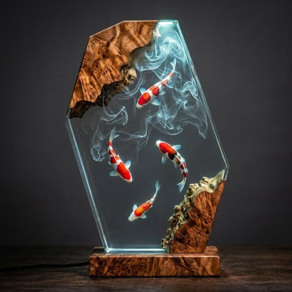 Handmade 4 Koi Fish Resin Night Light - Swirling Water Diorama