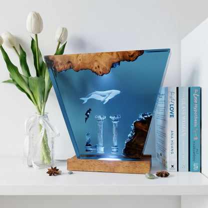 Atlantis Ruins Whale Epoxy Resin Wood Night Light with Scuba Diver