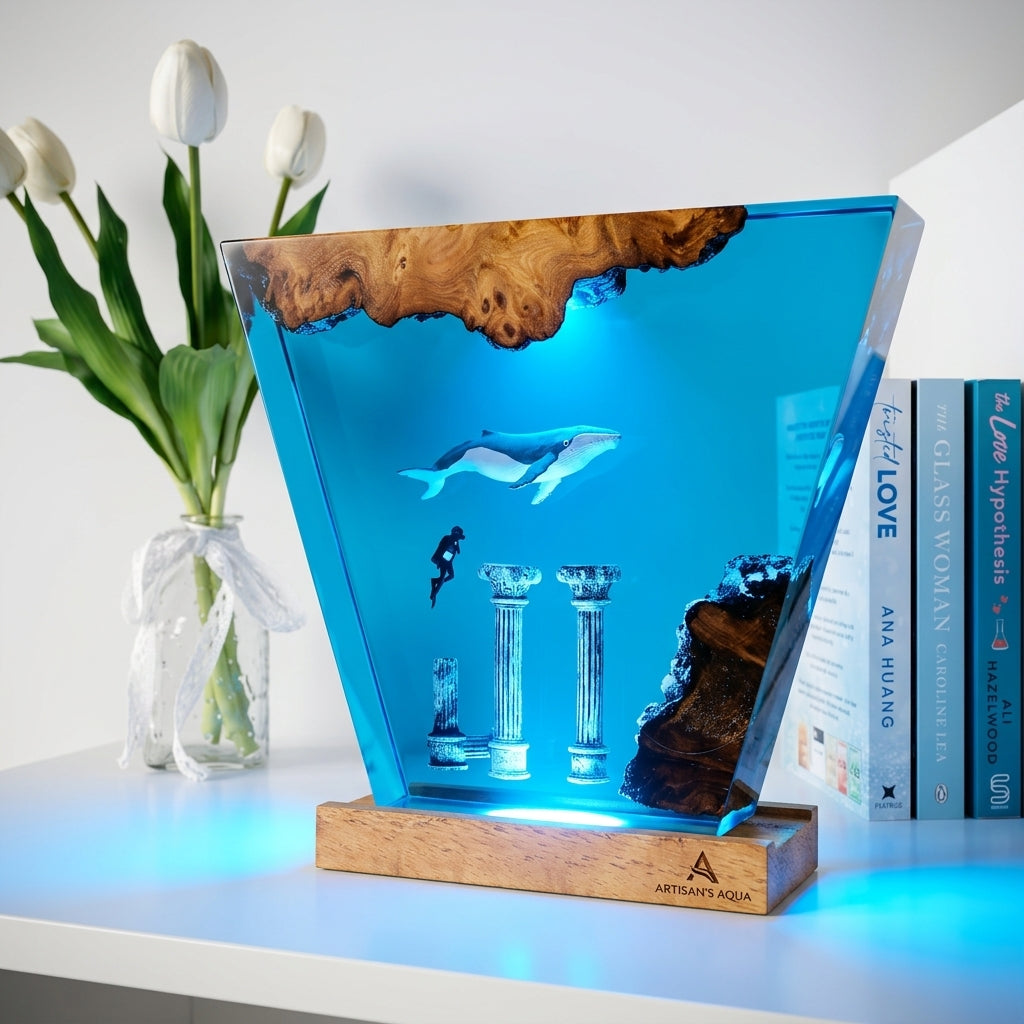 Atlantis Ruins Whale Epoxy Resin Wood Night Light with Scuba Diver