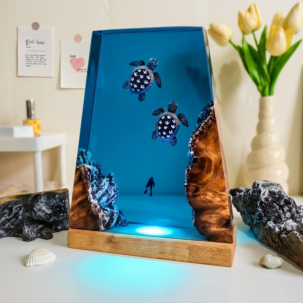 Sea Turtle Epoxy Resin Wood Night Light with Scuba Diver
