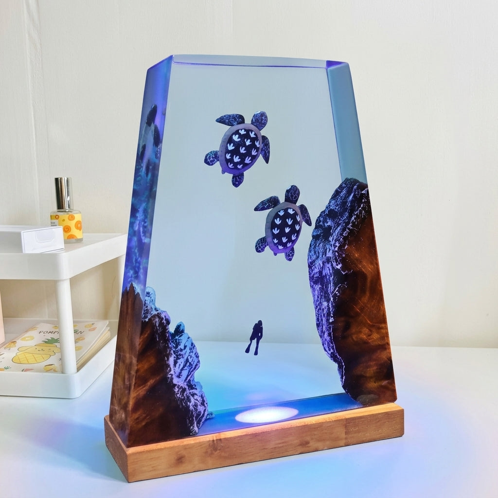 Sea Turtle Epoxy Resin Wood Night Light with Scuba Diver