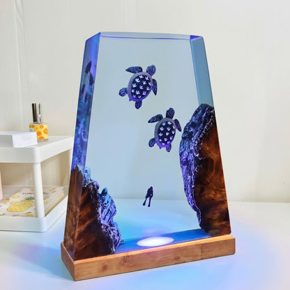 Sea Turtle Epoxy Resin Wood Night Light with Scuba Diver
