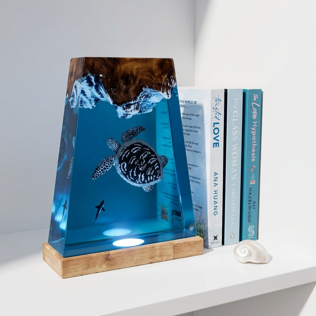 Giant Sea Turtle Epoxy Resin Wood Night Light with Scuba Diver