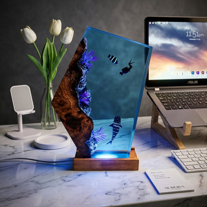 Whale Shark Epoxy Resin Wood Night Light with Scuba Diver