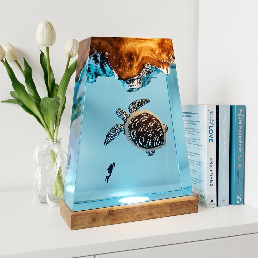 Giant Sea Turtle Epoxy Resin Wood Night Light with Scuba Diver