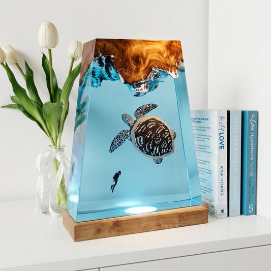 Giant Sea Turtle Epoxy Resin Wood Night Light with Scuba Diver