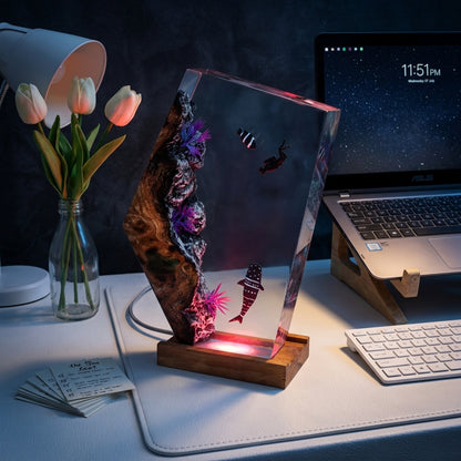 Whale Shark Epoxy Resin Wood Night Light with Scuba Diver