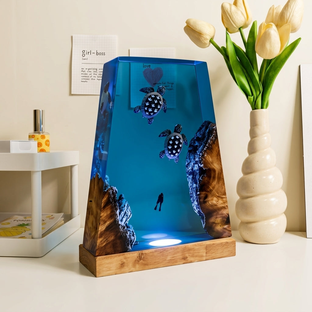 Sea Turtle Epoxy Resin Wood Night Light with Scuba Diver