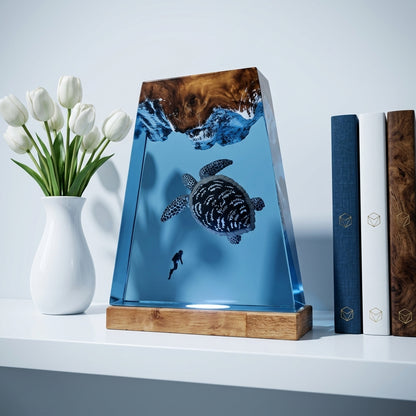 Giant Sea Turtle Epoxy Resin Wood Night Light with Scuba Diver