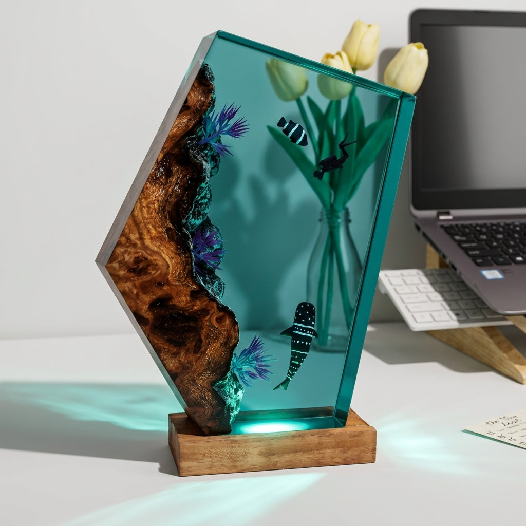 Whale Shark Epoxy Resin Wood Night Light with Scuba Diver