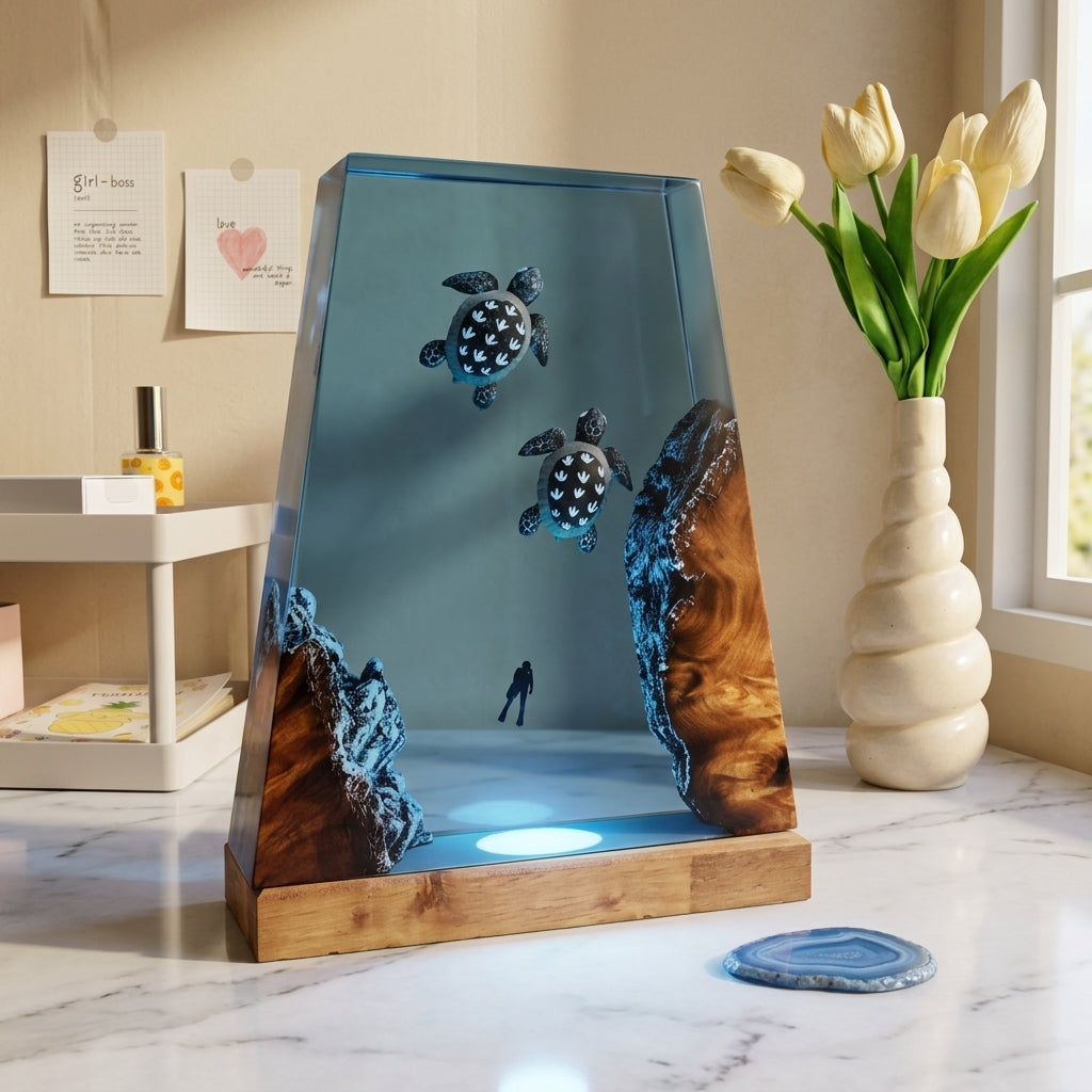 Sea Turtle Epoxy Resin Wood Night Light with Scuba Diver