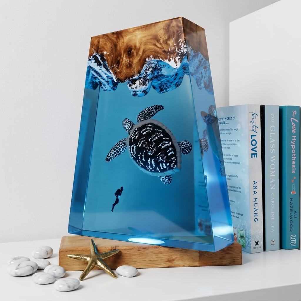 Giant Sea Turtle Epoxy Resin Wood Night Light with Scuba Diver