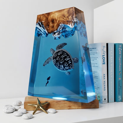 Giant Sea Turtle Epoxy Resin Wood Night Light with Scuba Diver