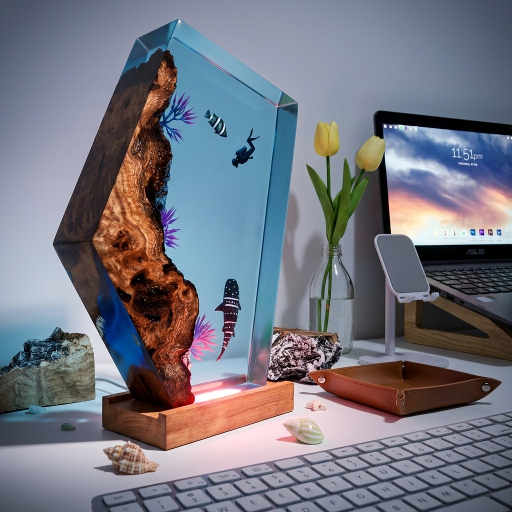 Whale Shark Epoxy Resin Wood Night Light with Scuba Diver