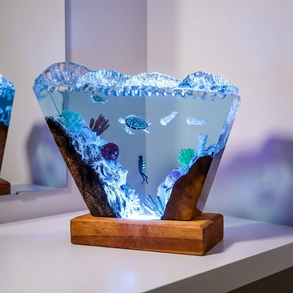 Ocean Wave Epoxy Resin Night Light with Diver and Sea Turtle