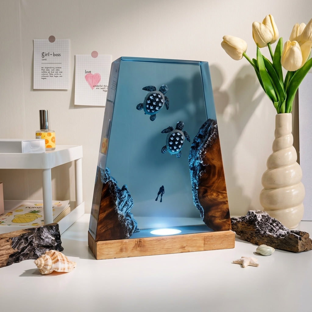 Sea Turtle Epoxy Resin Wood Night Light with Scuba Diver