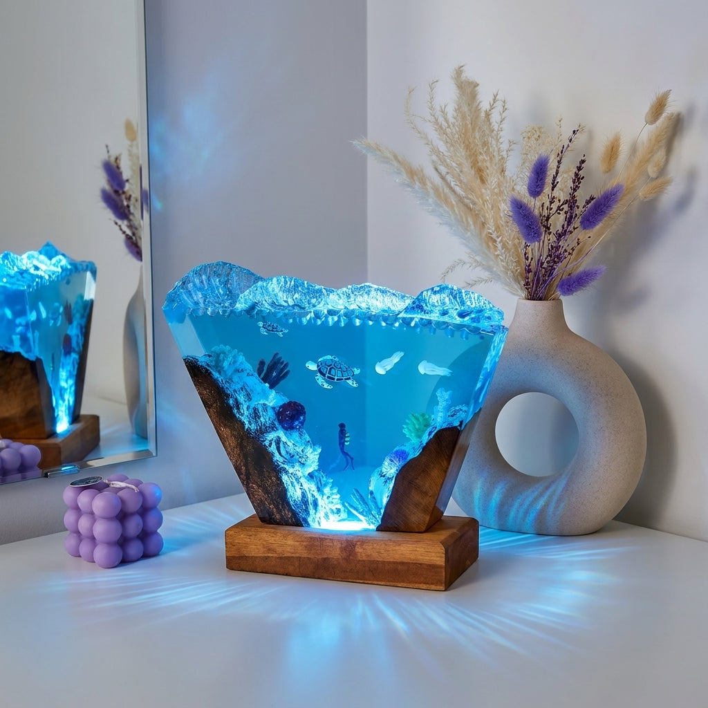 Ocean Wave Epoxy Resin Night Light with Diver and Sea Turtle