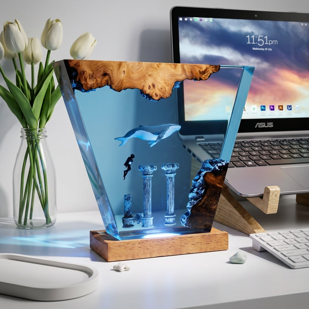 Atlantis Ruins Whale Epoxy Resin Wood Night Light with Scuba Diver