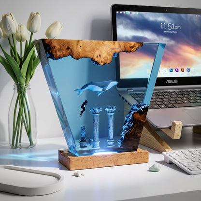 Atlantis Ruins Whale Epoxy Resin Wood Night Light with Scuba Diver