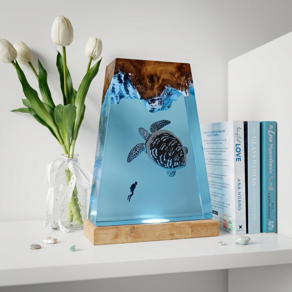 Giant Sea Turtle Epoxy Resin Wood Night Light with Scuba Diver