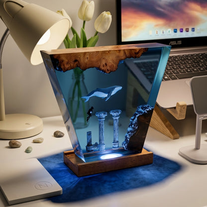 Atlantis Ruins Whale Epoxy Resin Wood Night Light with Scuba Diver