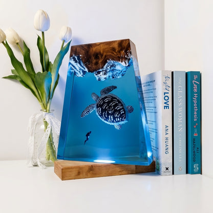 Giant Sea Turtle Epoxy Resin Wood Night Light with Scuba Diver