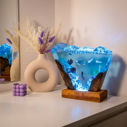 Ocean Wave Epoxy Resin Night Light with Diver and Sea Turtle