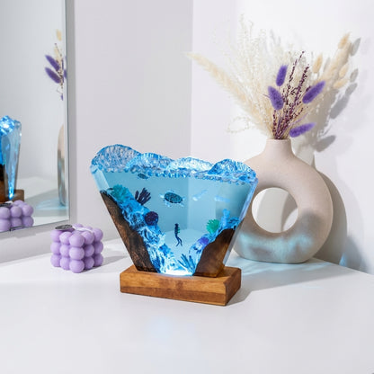 Ocean Wave Epoxy Resin Night Light with Diver and Sea Turtle