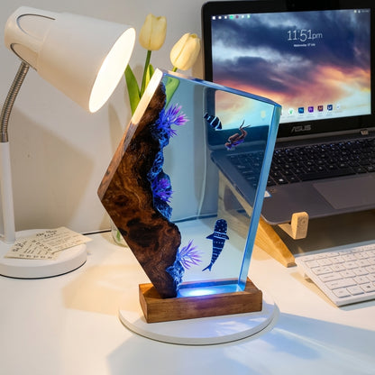 Whale Shark Epoxy Resin Wood Night Light with Scuba Diver