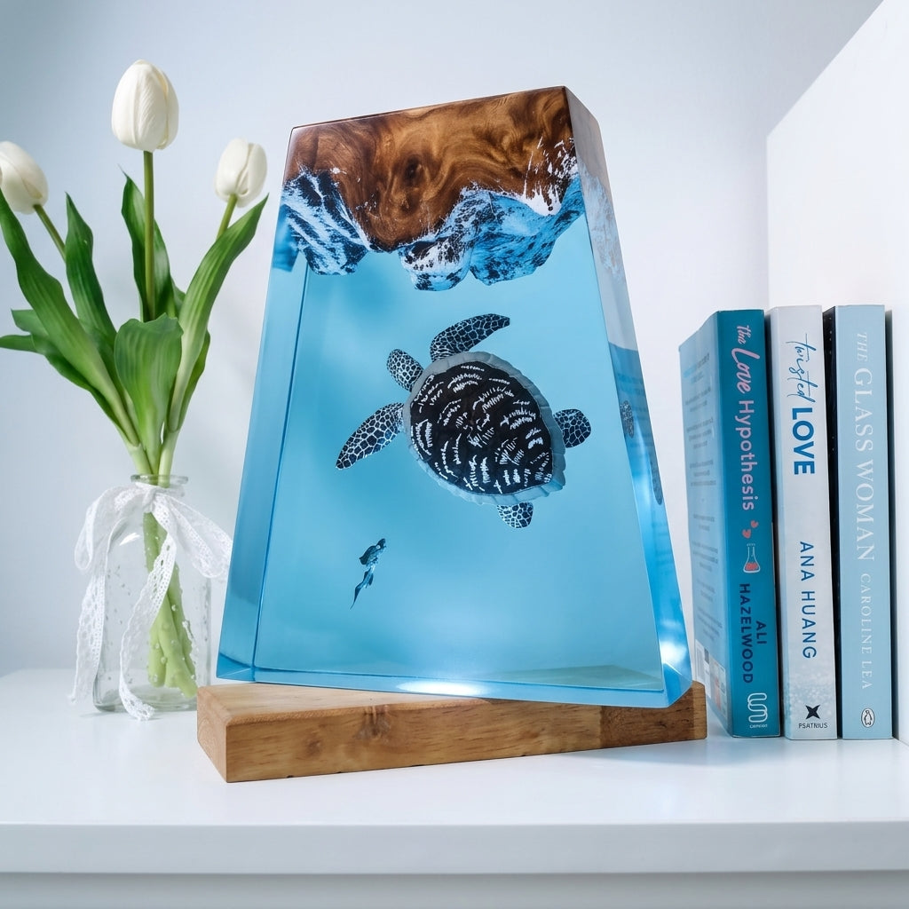 Giant Sea Turtle Epoxy Resin Wood Night Light with Scuba Diver